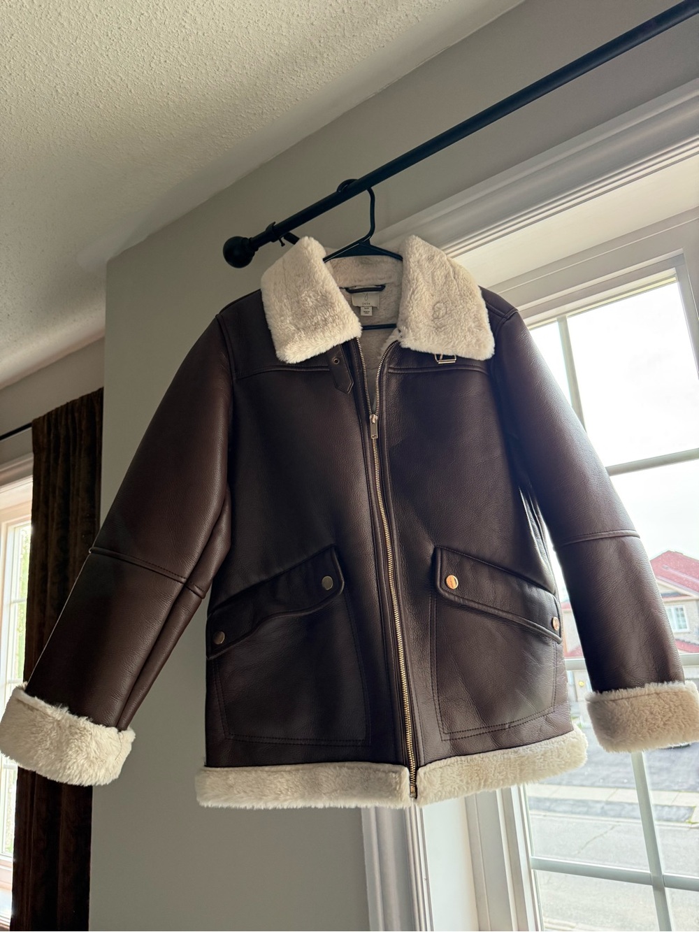 Woman Brown Faux Shearling Jacket with Cream Collar